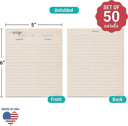321Done Folding Recipe Cards (Set of 50) Folds to 3x5 from 6x5 - Rustic Kraft Tan Minimalist - Retro Vintage Luxury Double-Sided - Made in USA