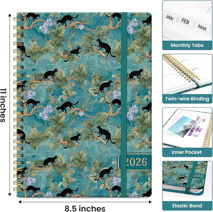 2026 Planner, Aesthetic Weekly and Monthly Planner for Women, Jan 2026 to Dec 2026, Hardcover 2026 Calendar Book with Monthly Tabs, Inner Pocket, Perfect for Office Home School - A4 (8.5" x 11"), Cats in Vine