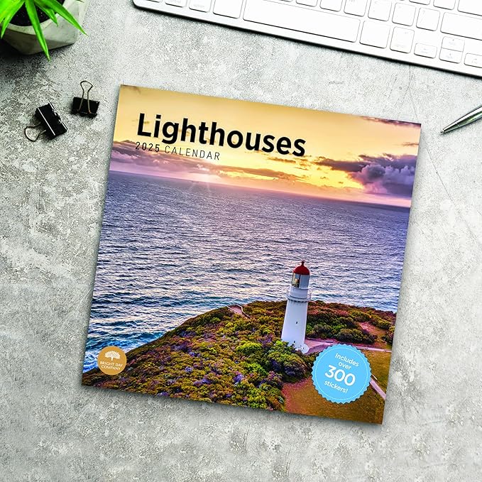 2025 Lighthouses Monthly Wall Calendar by Bright Day, Includes Over 300 Stickers, 12 x 12 Inch