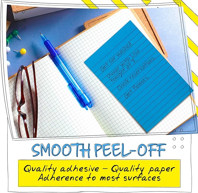 Better Office Products Lined Sticky Notes, 4 x 6, 10 Pack, 500 Sheets (50/Pad), Self Stick Notes with Lines, 6 Bright Assorted Colors, Post Memos, Strong Adhesive, 10 Pads