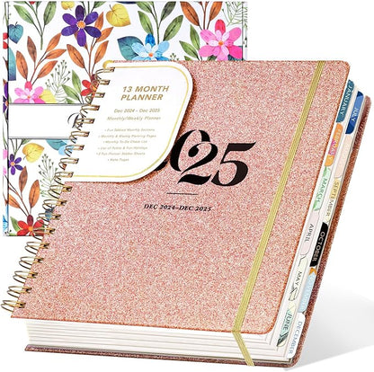 2025 Hardcover Planner Weekly and Monthly, Dec 2024–Dec 2025, Large Spiral Bound Planners 2025 for Women Gifts, 8.3" x 9.3",13 Month Calendar with 13 Tabs, 3 Sticker Sheets, Pink