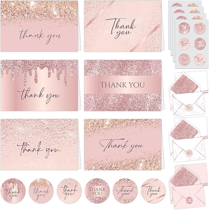 Decorably 24 Pack Glittery 6x4in Rose Gold Thank You Cards with Envelopes and Stickers, 6 Elegant Designs Thank You Cards with Envelopes Pink, Blank Inside - Bridal Shower, Wedding