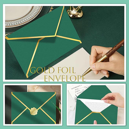 60 Pack Gold Envelopes 5x7 Bulk Green, 250G Pearled Cardstock A7 Envelopes for Invitations Business Mailing Envelope with Gold Foil Border, A6 4x6 Envelopes for Wedding Baby Shower Cards