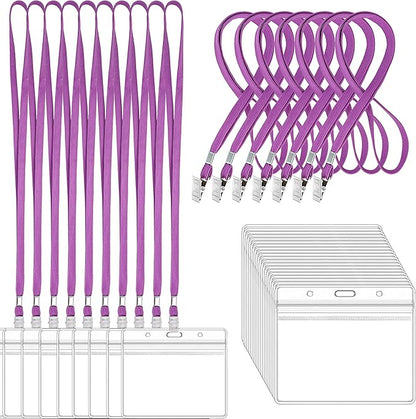 100Pcs Clear Plastic Horizontal Name Tags Badge ID Card Holders and 100Pcs Lanyards with Clip (Purple)