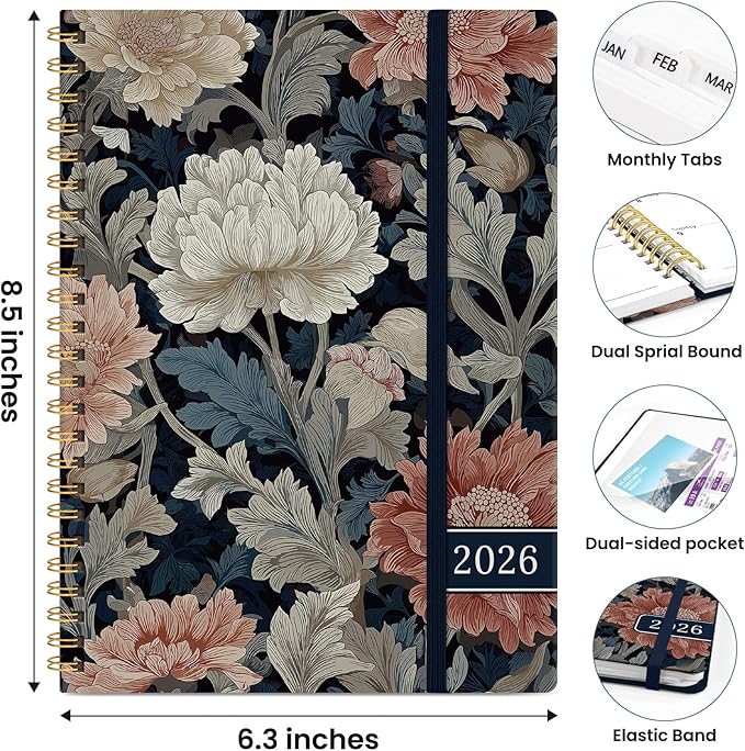 2026 Planner, Weekly and Monthly Planner for Women, January 2026 to December 2026, Pretty Hardcover 2026 Calendar Planner Book with Tabs, Inner Pocket, Spiral Bound, Perfect Office Home School Supplies - 6.3" x 8.5", Vintage Peony