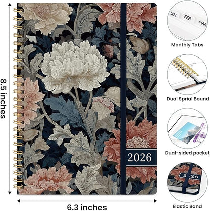 2026 Planner, Weekly and Monthly Planner for Women, January 2026 to December 2026, Pretty Hardcover 2026 Calendar Planner Book with Tabs, Inner Pocket, Spiral Bound, Perfect Office Home School Supplies - 6.3" x 8.5", Vintage Peony