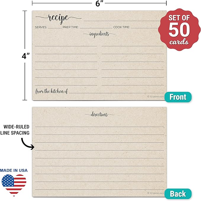 321Done Recipe Cards (Set of 50) 4x6 Rustic Kraft Tan, Wide-Ruled, From the Kitchen Of, Large Double-Sided Premium for Weddings, Bridal Shower, Baby - Made in USA - Minimalist