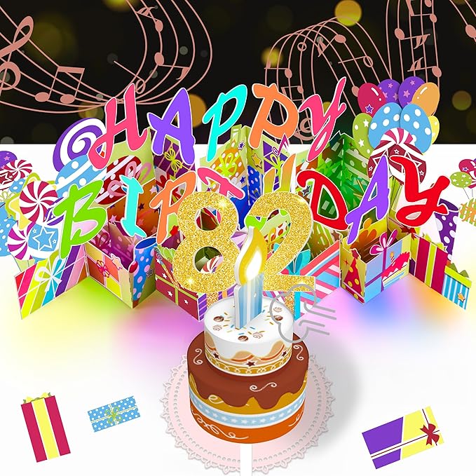 Gumry 82ND Musical Birthday PopUp Card, Blowable Colorful Light Candle 3D Cards with Song, Applause Cheers Sound, Greeting Cards Birthday Gifts Decorations for Women Men Turning 82 Years Old