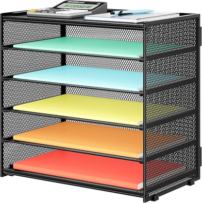 6 Tier Paper Organizer, Metal Mesh Desk File Organizer, Letter Tray Organizer, Paper Sorter Desk Organizer for Office, Home or School File Folder Holder - Black
