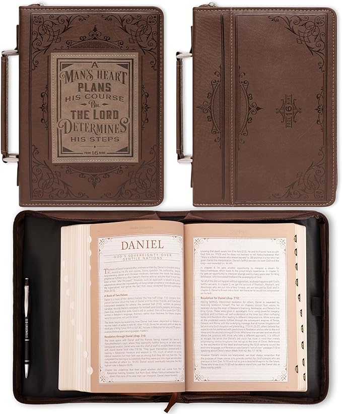 Christian Art Gifts Brown Faux Leather Classic Bible Cover A Man’s Heart - Proverbs 16:9 Bible Case Book Cover for Men or Women XL
