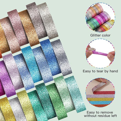 Eaasty 30 Rolls Glitter Washi Tape Colored 66 Yard Rainbow Metallic Tape Decorative Adhesive for Art Scrapbook DIY Craft Projects Gift Wrapping Decor