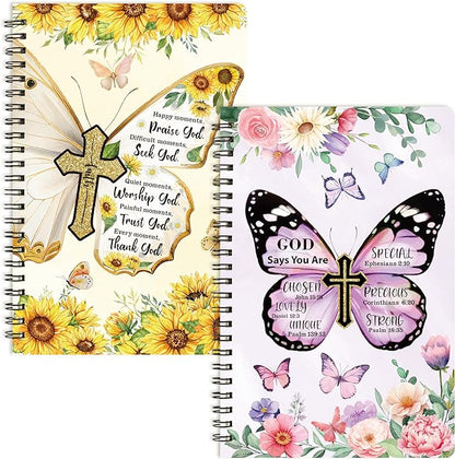 2Pack A5 Floral Cross Butterfly Religious Spiral Notebooks - God Says You Are Bible Verse Ruled Hardbound Journal Writing Hardcover Notebooks Christian Christmas Gift Sunday School Supplies