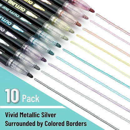 Mr. Pen- Double Line Outline Markers, 10 Colors, Self-Outline Metallic Markers, Outline Pens, Craft Pens