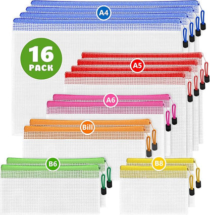 16 Pack Assorted Sizes Plastic Mesh Zipper Pouches for Storage & Organize Board Games - Puzzles - Documents - Bills - School and Office Supplies - Travel - Makeup - Multisize Mesh Zipper Pouch