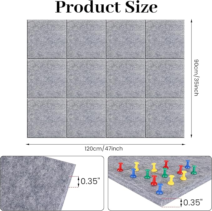 Felt Bulletin Board Felt Wall Tiles 12 Pack- 47"x35" Large Cork Board/Cork Tiles Alternative Safe Removable Felt Boards for Walls Felt Board for Office Felt Pin Board Light Gray