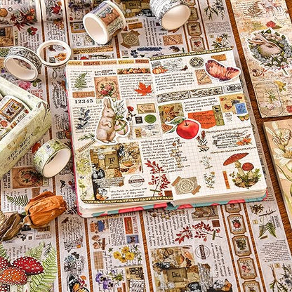 18 Rolls Vintage Washi Tape Pack Retro Arts Adhesive Tapes Wide Monologue Decorative Masking Tape Sets for Craft, Kids, Scrapbook, DIY, Gift Wrapping (Misty Forests)