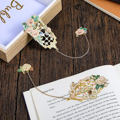 2 Pcs Metal Rose Bookmarks, Beautiful Book Marks for Reading Women Vintage Bookmarks with Metal Chain Pretty Bookmark Gift for Book Lovers Readers Birthday Christmas Gifts(Pink, White Roses)