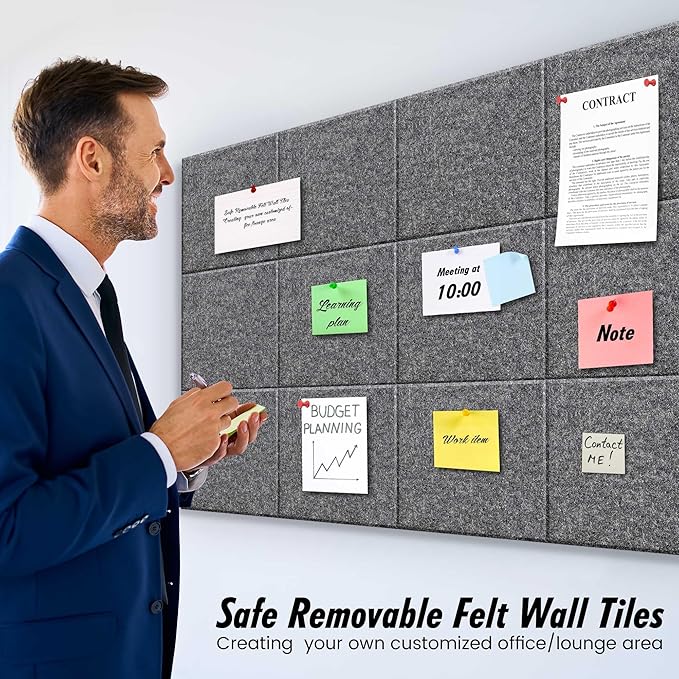 Large Office Cork Board Alternative - 47"x35"12 Pack Felt Wall Tiles Self-Adhesive Safe Removable No Damage for Wall Pin Board Tack Board Felt Cork Board for Walls or Office 48 x 36-Charcoal Grey