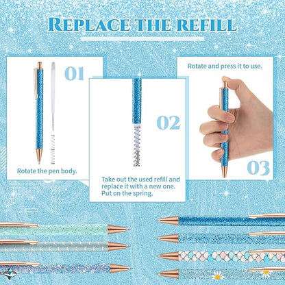 Sherr 7 Pcs Fancy Pens for Women Cute Sparkly Glitter Pens with 10 Pcs Black Ink Refills Pretty Gifts for Girls Office School Christmas Graduation(Blue,Plain)