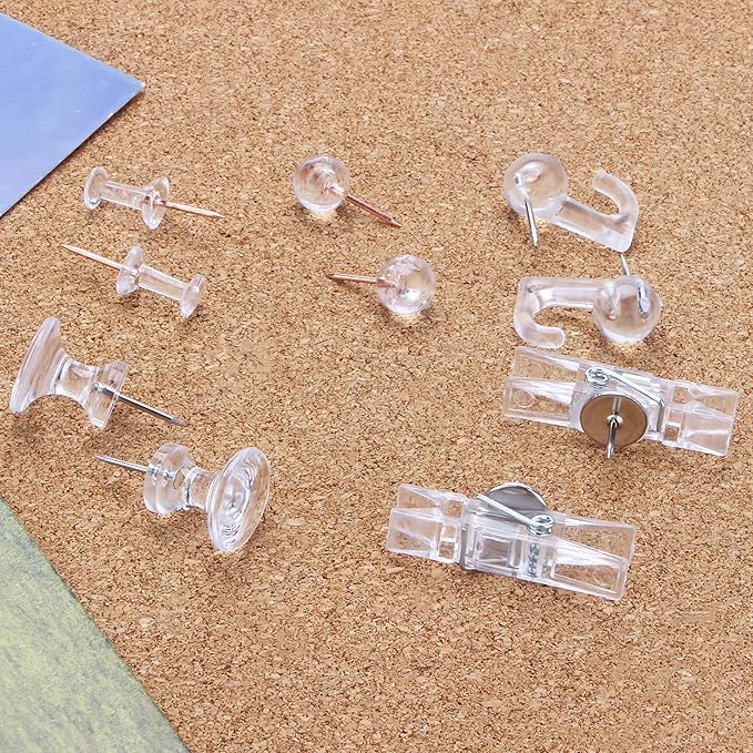 Clear Push Pins Set, 5 Styles 125-count Thumb Tacks Map Pins, Steel Point and Clear Plastic Head Pushpins Transparent Thumbtacks for Cork Board Bulletin Boards