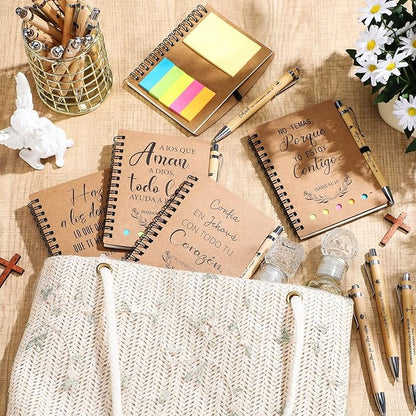 30 Set Spanish Christian Gifts Bulk Religious Notebooks with Bible Verse Pens,Inspirational Spiral Prayer Journal and Pen Set Church Gifts for Women Men Sunday Church Party (Kraft)