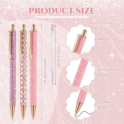 Sherr 7 Pcs Fancy Pens for Women Cute Sparkly Glitter Pens with 10 Pcs Black Ink Refills Pretty Gifts for Girls Office School Christmas Graduation(Pink,Cute)