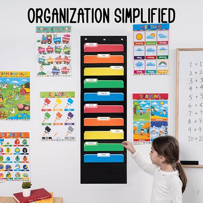 10 Pocket File Pocket Chart, Black, 14" Wide x 47" Tall - Versatile Wall Hanging File Folder Organizer for Classroom, Office, Home, and More - Wall Folder Organizer - 10 Pockets