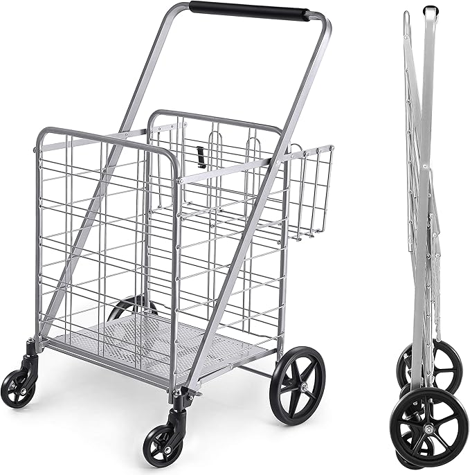 Wellmax Shopping Cart, Metal Grocery Carts For Groceries, Folding Cart For Convenient Storage And Holds Up To 160lbs, Dual Swivel Wheels and Extra Basket, Silver