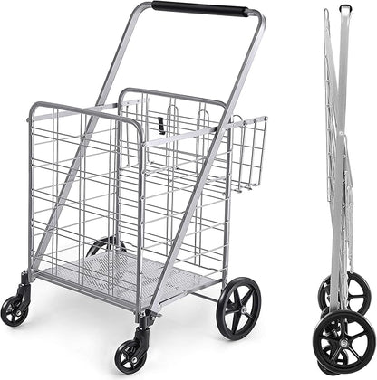 Wellmax Shopping Cart, Metal Grocery Carts For Groceries, Folding Cart For Convenient Storage And Holds Up To 160lbs, Dual Swivel Wheels and Extra Basket, Silver