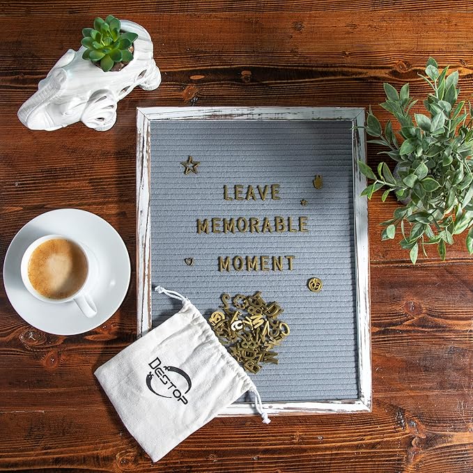 Felt Letter Board with Rustic Vintage Frame and Stand 12x16 inch,Grey Changeable Letter and Message Board Includes 792 Letters, Numbers and Symbols, Hook to Hang, 2 Canvas Bags