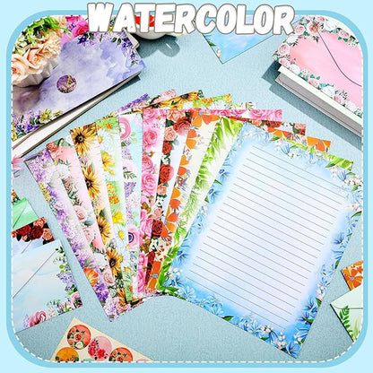TaoBary 160 Packs Stationery Paper Set (50 Double Sided Stationery Writing Papers 50 Matching Envelopes) 60 Round Dot Sticker, 10 Design(Flower,8.5 x 11 Inch)