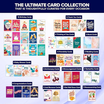 Decorably 50 Pack Gold Foiled & Glittery 5x7in All Occasion Cards Assortment Box with Envelopes & Stickers, 50 Unique Designs Cards for All Occasions with Printed Message Inside - Birthday, Thank You