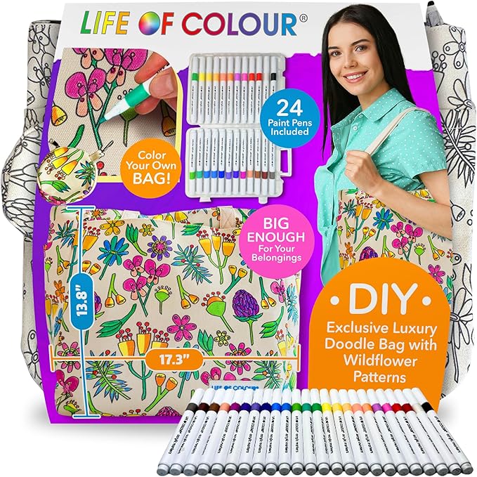 Life of Colour Doodle Bag with Wildflower Patterns – Color Your Own Tote Bag Craft Kits for Adults, Includes Canvas Tote & 24 Acrylic Markers – DIY Painting & Art Kit for Women