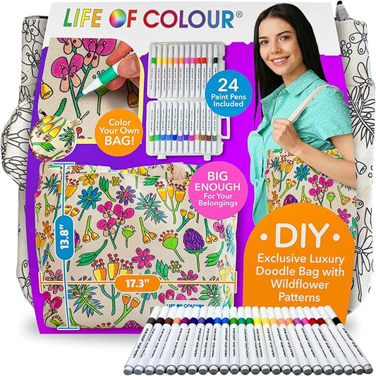 Life of Colour Doodle Bag with Wildflower Patterns – Color Your Own Tote Bag Craft Kits for Adults, Includes Canvas Tote & 24 Acrylic Markers – DIY Painting & Art Kit for Women