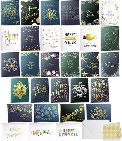 Dessie Boxed Happy New Year Cards - 30 Luxurious Large 5x7 inch Greeting Cards in Vibrant Colors with Gold Foil Accents, Short Greetings Inside. Includes 32 White Envelopes and Sturdy Storage Box