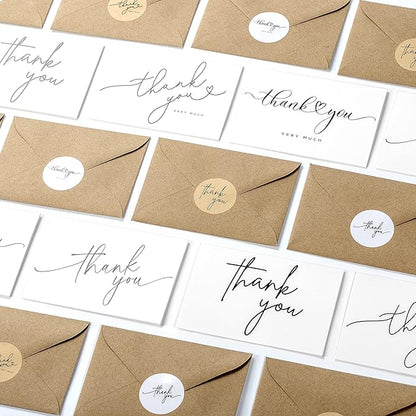 100 Bulk Thank You Cards with Kraft Envelopes and stickers - 4 Minimalistic Designs Blank Thank You Notes with Envelopes for business Wedding Bridal Gift Baby Shower Business Graduation