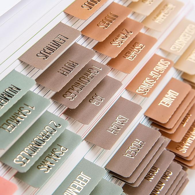 DiverseBee Laminated Bible Tabs (Gold Embossed Lettering), Bible Journaling Supplies, Bible Book Tabs, Christian Gift, 73 Bible Tabs for Women and Men, Includes 4 Blank Tabs (Meadow)