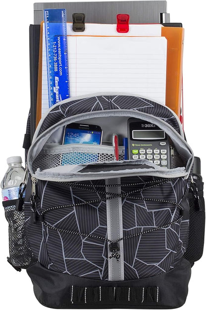 FUEL Hiking Backpack for Women Men Terra Sport, Travel, College, Gym, Work with Laptop Sleeve, Bungee, 18 Inches, Black Geometric