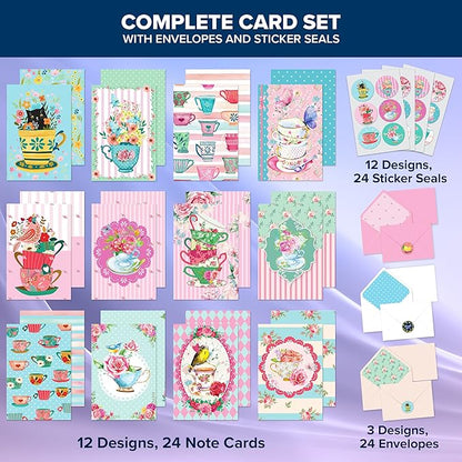Decorably 24 Pack 4x6in Tea Cup Note Cards with Envelopes and Stickers, 12 Adorable Designs Teacup Note Cards, Blank Inside - Kid's Party, Birthday
