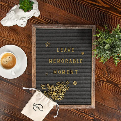 Felt Letter Board with Rustic Vintage Frame and Stand 12x16 inch, Dark Grey Changeable Letter and Message Board Includes 792 Letters, Numbers and Symbols, Hook to Hang, 2 Canvas Bags