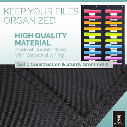 Hippo Creation Heavy Duty Storage Pocket Chart for Classroom, 20 Pocket Storage Organizer with 4 Over-Door Hangers, Hanging Wall Organizer for File Folders, School Mailbox, Home Office Papers - Black