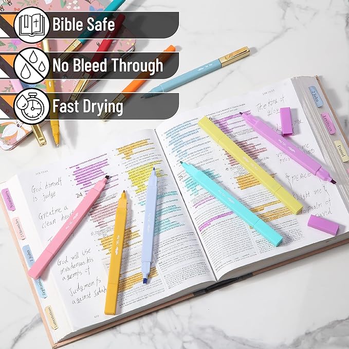 Mr. Pen- Dual Tip Aesthetic Highlighters and Pens No Bleed, 12Pack, Assorted Colors Bible Highlighters No Bleed Highlighters for Bibles, Black Ink Bible Pens No Bleed Through Ballpoint Pens Ballpoint
