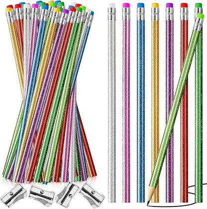 Outus 68 Pieces Glitter Pencils with Eraser Wood Colorful Pencils and Sharpeners for Graduation Kids Writing Painting