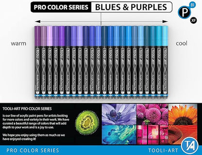 Acrylic Paint Pens 22 Blue & Purple Tones Assorted Pro Color Series Markers Set 0.7mm Extra Fine Tip for Rock Painting, Glass, Mugs, Wood, Metal, Canvas, Projects, Non Toxic, Waterbased, Quick Drying