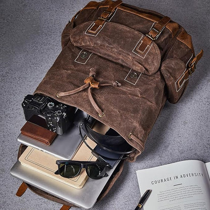 Backpack for Men Heavy Duty Waxed Canvas Vintage Women Trim Casual 15.6" laptop Travel Backpack-Coffee