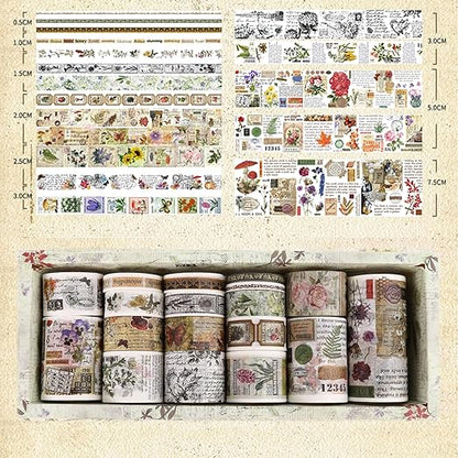 18 Rolls Vintage Washi Tape Pack Retro Arts Adhesive Tapes Wide Monologue Decorative Masking Tape Sets for Craft, Kids, Scrapbook, DIY, Gift Wrapping (Misty Forests)