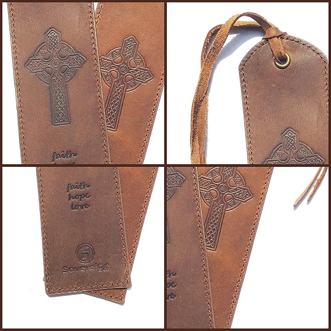 Leather Bookmark Handmade Celtic Cross Design - 2 Genuine Leather Bookmarks for Men and Women with Christian Upright High Cross and Knot Design - Perfect Book Lovers Gift for Bookworms