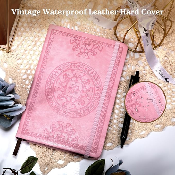 CAGIE Leather Journals for Writing Hardcover Journal for Men with Pen, 290 Pages Lined Journaling Notebooks for Work Pink Leather Vintage Journal Notebook, 6.1" x 8.5"