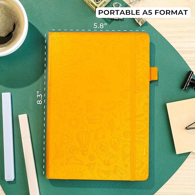 Clever Fox Dotted Journal 2.0 – Compact Planning and Sketching Dot Grid Notebook 120 GSM Thick, No-Bleed Paper – Planner with Pen Loop, Pocket, Ribbons, Stickers A5 - Amber Yellow