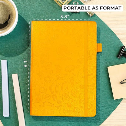 Clever Fox Dotted Journal 2.0 – Compact Planning and Sketching Dot Grid Notebook 120 GSM Thick, No-Bleed Paper – Planner with Pen Loop, Pocket, Ribbons, Stickers A5 - Amber Yellow
